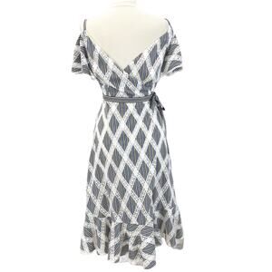 Sandro Womens US 4 Illa Midi Dress Striped Lace Cold Ruffle Shoulder Blue White